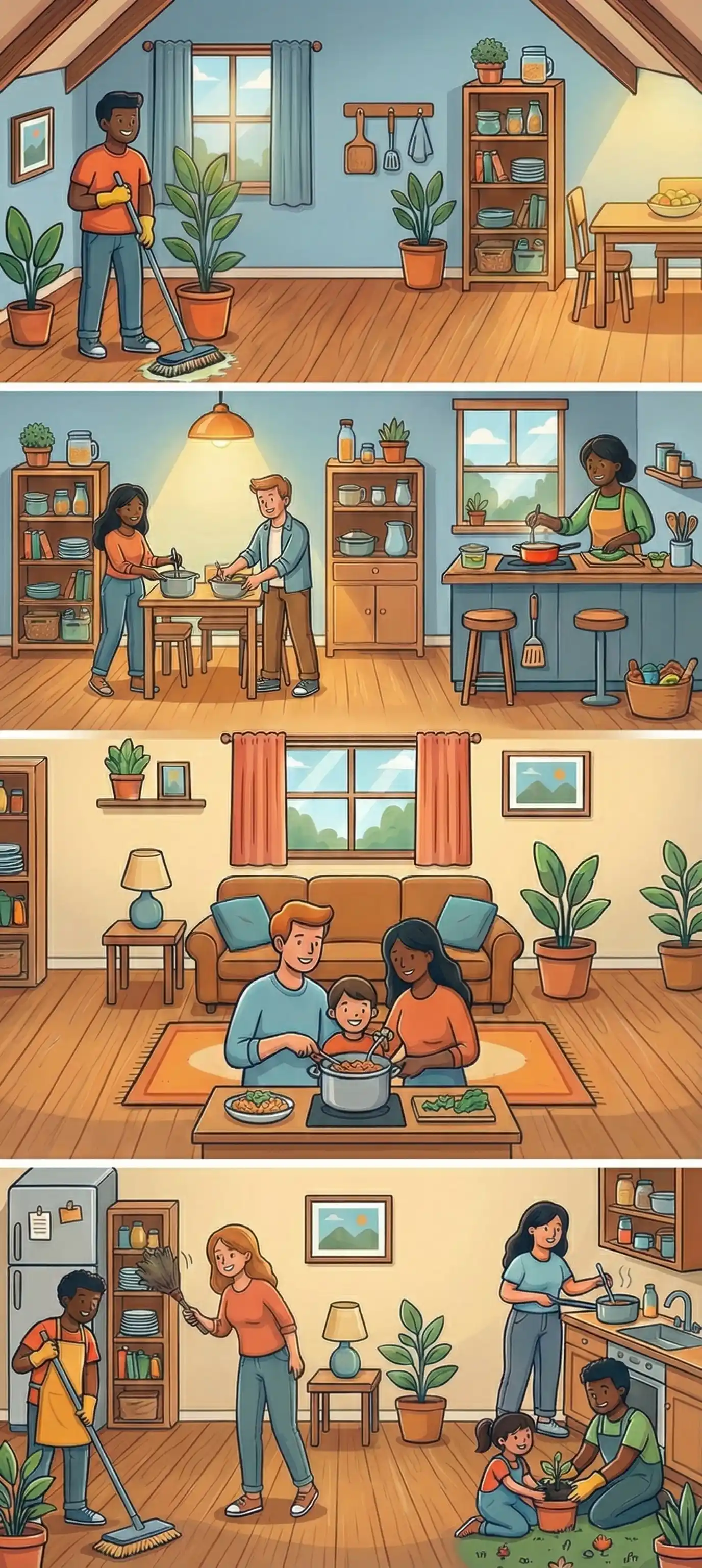 Famille faisant le ménage ensemble